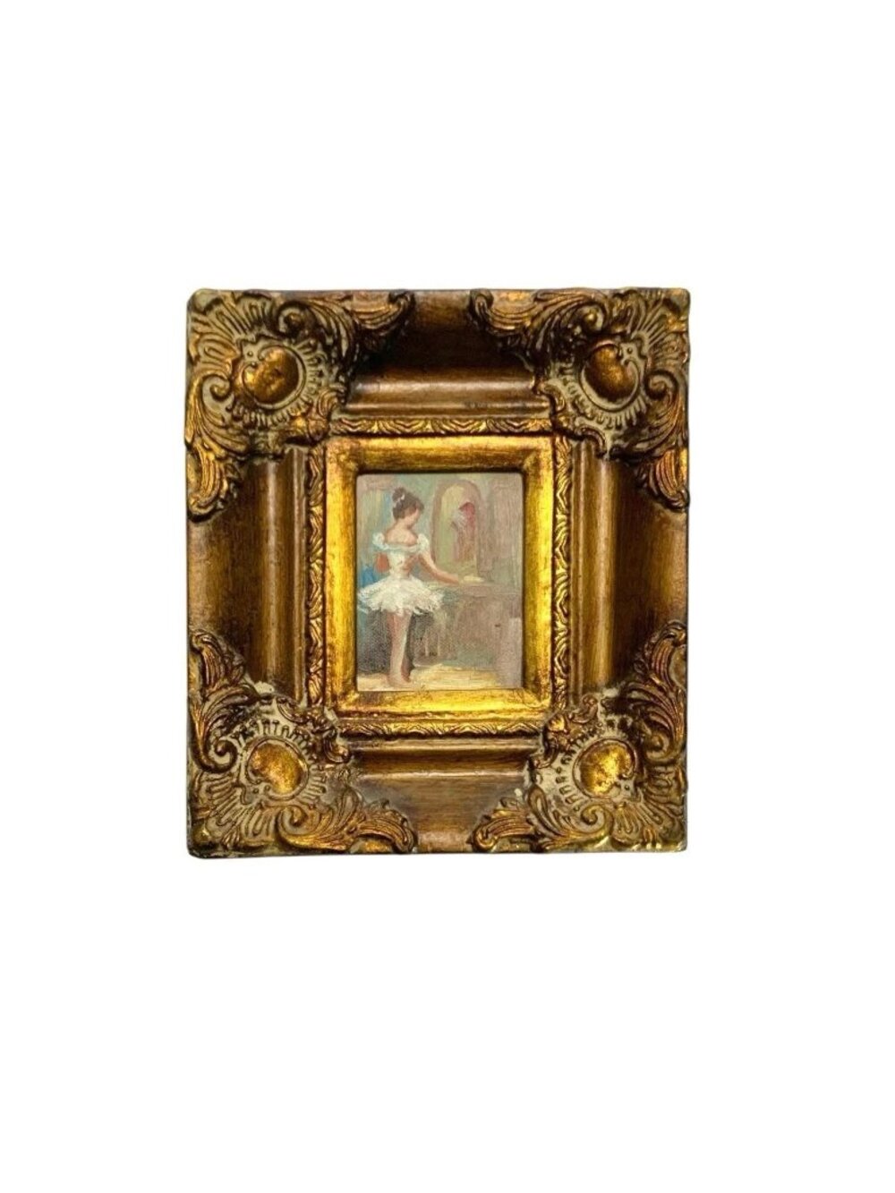 Ballerina Painting Dancer Oil on Board in Ornate Wooden Frame Vintage Decor